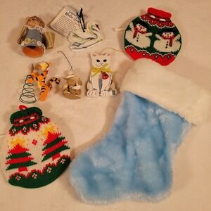Christmas Ornaments Lot Of 7 Assorted Ornaments Characters In Stocking